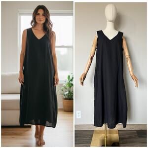 Tahari Size M Linen Blend Black Midi A Line Tank Dress Pockets V-Neck